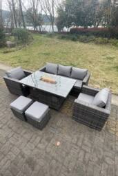 Fimous Outdoor PE Rattan Garden Furniture Gas Fire Pit Dining Table Lounge Sofa 2 PC Armchairs Footstools in Dark Grey - thumbnail 4