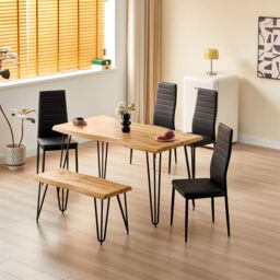 KOSY KOALA Modern Dining Table Set With Bench & 4 Black Faux Leather Chairs Dining Room Furniture in Brown