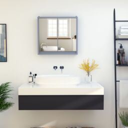 HOMCOM Wall Mounted Mirror Cabinet w/ Storage Shelf Bathroom Cupboard in Grey - thumbnail 1