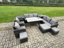 Fimous Outdoor Garden Patio Furniture Wicker Rattan Oblong Rectangular Dining Table & Lounge Sofa set with Adjustable Chair 2 Side Tables in Dark Grey - thumbnail 2