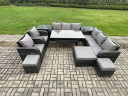 Fimous Outdoor Garden Patio Furniture Wicker Rattan Oblong Rectangular Dining Table & Lounge Sofa set with Adjustable Chair 2 Side Tables in Dark Grey - thumbnail 1