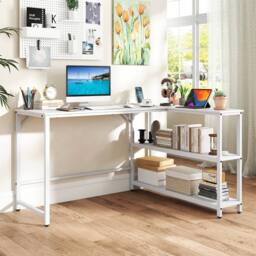 Costway L Shaped Desk Corner Computer Desk Writing Desk w/ Storage Shelves in White - thumbnail 3