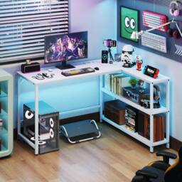 Costway L Shaped Desk Corner Computer Desk Writing Desk w/ Storage Shelves in White