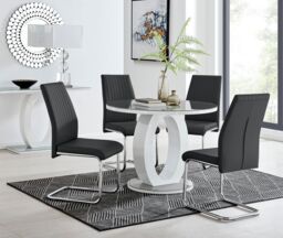 FurnitureboxUK Giovani Round 4 Seat 100cm White High Gloss Unique Halo Base Grey Glass Top Dining Table 4 Soft Faux Leather Lorenzo Chairs in Black - thumbnail 1
