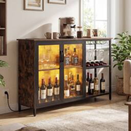 Costway Bar Cabinet w/ Power Outlets Industrial Sideboard Buffet w/Wine Racks in Brown - thumbnail 9