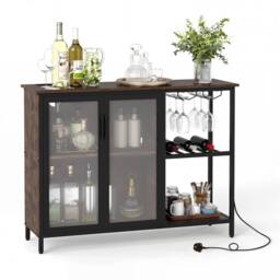 Costway Bar Cabinet w/ Power Outlets Industrial Sideboard Buffet w/Wine Racks in Brown - thumbnail 7