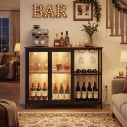 Costway Bar Cabinet w/ Power Outlets Industrial Sideboard Buffet w/Wine Racks in Brown - thumbnail 1