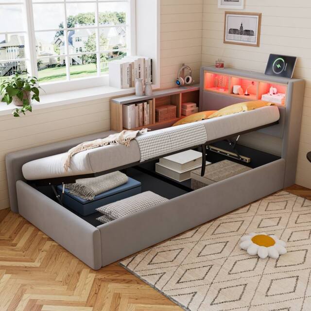 Merax 3ft Single Velvet L-Shaped Daybed with LED, Charging Port & Storage in Grey - image 1