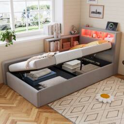 Merax 3ft Single Velvet L-Shaped Daybed with LED, Charging Port & Storage in Grey