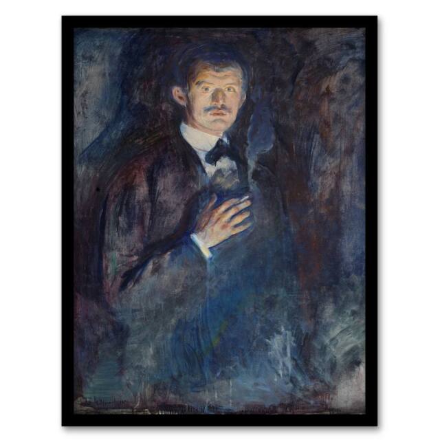 Artery8 Edvard Munch Framed Wall Art Print Self Portrait with Cigarette in Blue - Size: A4 - image 1