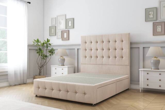 "Sloomy Berlin Naples Divan Bed Base 2 Drawers Left Side With 26"" Strutted Headboard & 12"" Matching Footboard in Light Sand - Size: Small Double" - image 1