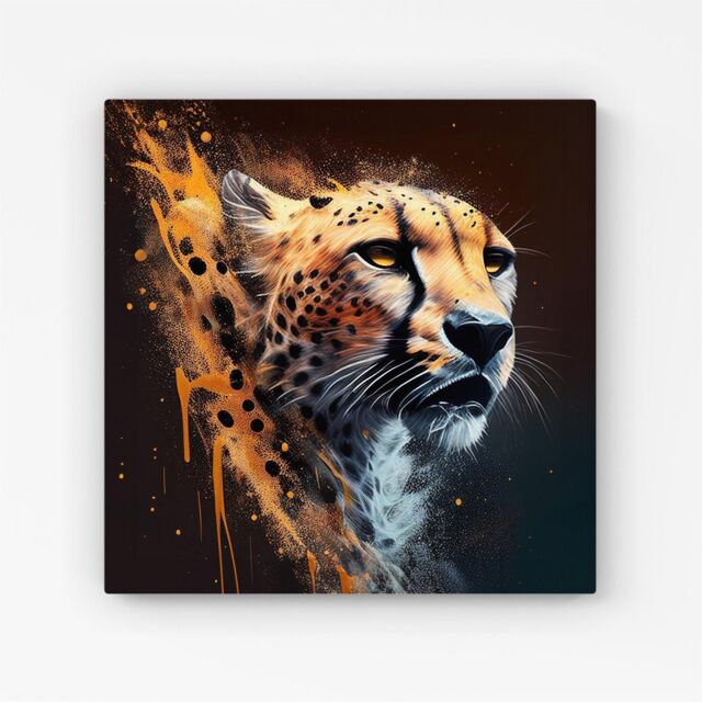 Warren Reed - Designer Cheetah Face Splashart Dark Background Canvas in Yellow - Size: w10 inch x h10 inch - image 1