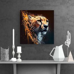 Warren Reed - Designer Cheetah Face Splashart Dark Background Canvas in Yellow - Size: w10 inch x h10 inch - thumbnail 2
