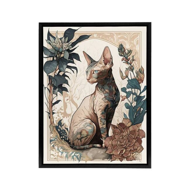 "Artery8 Sphynx Cat With Flower Blooms Framed Canvas Wall Art Print - Size: W12"" x H16""" - image 1