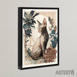 "Artery8 Sphynx Cat With Flower Blooms Framed Canvas Wall Art Print - Size: W12"" x H16""" - thumbnail 2