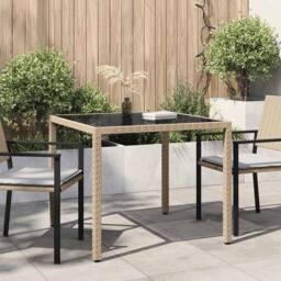 Berkfield Home Garden Table 90x90x75 cm Tempered Glass & Poly Rattan Beige - Size: 90 x 90 x 75 cm - thumbnail 2