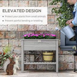 OUTSUNNY Wooden Raised Garden Bed, Elevated Planter Box with Storage Shelf in Grey - thumbnail 4