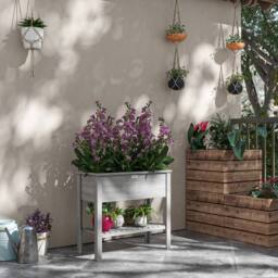 OUTSUNNY Wooden Raised Garden Bed, Elevated Planter Box with Storage Shelf in Grey - thumbnail 1
