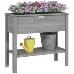 OUTSUNNY Wooden Raised Garden Bed, Elevated Planter Box with Storage Shelf in Grey - thumbnail 2