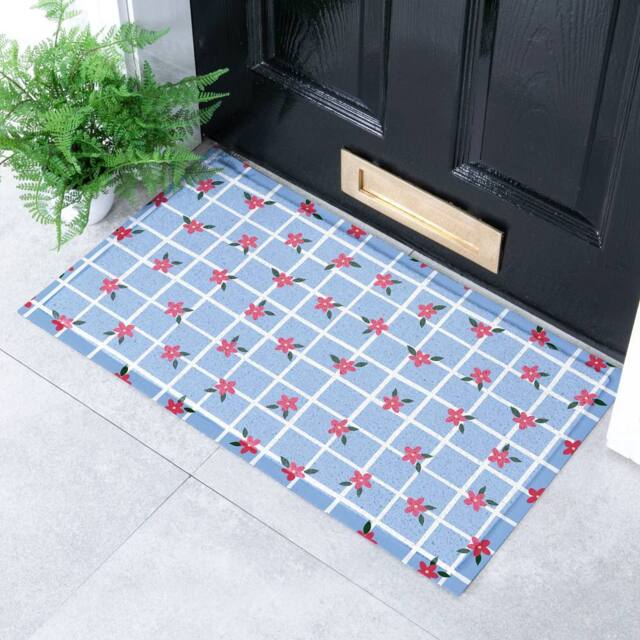 Artsy Mats Blue Check Floral Doormat - Size: 40 cm x 70 cm - image 1