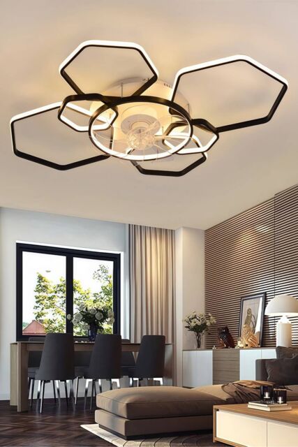 Living and Home Remote Control Geometrical Ceiling Mount LED Fan Light in Black - image 1