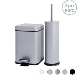 Harbour Housewares 3L Mismatched Bathroom Bin & Brush Set Slim Stainless Steel Toilet Set in Grey - thumbnail 1