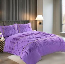 Snug City Duvet Cover & Pillowcase Set Modern Pintuck Border Pleated Bed Linen in Lilac - Size: Super King