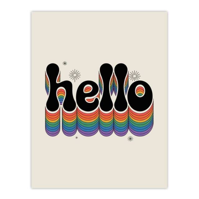 "Artery8 Hello Colourful Retro Rainbow Font Typography Wall Art Print in Beige - Size: W12"" x H16""" - image 1