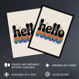 "Artery8 Hello Colourful Retro Rainbow Font Typography Wall Art Print in Beige - Size: W12"" x H16""" - thumbnail 2