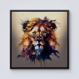 Warren Reed - Designer Majestic Lion Face Splashart Framed Canvas in Black - Size: w10 inch x h10 inch - thumbnail 1