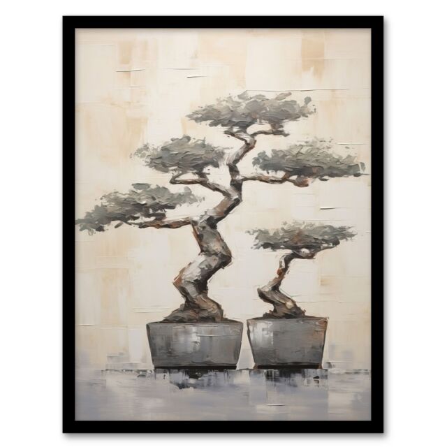 Artery8 Japan Bonsai Trees Oil Painting Pallet Knife Neutral Grey Tone Textured Artwork Art Print Framed Poster Wall Decor in Black - Size: A4 - image 1