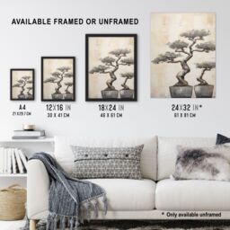 Artery8 Japan Bonsai Trees Oil Painting Pallet Knife Neutral Grey Tone Textured Artwork Art Print Framed Poster Wall Decor in Black - Size: A4 - thumbnail 3