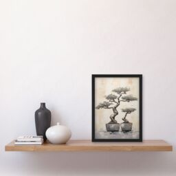 Artery8 Japan Bonsai Trees Oil Painting Pallet Knife Neutral Grey Tone Textured Artwork Art Print Framed Poster Wall Decor in Black - Size: A4 - thumbnail 4