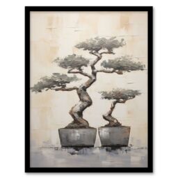 Artery8 Japan Bonsai Trees Oil Painting Pallet Knife Neutral Grey Tone Textured Artwork Art Print Framed Poster Wall Decor in Black - Size: A4 - thumbnail 1
