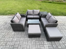 Fimous Wicker PE Rattan Garden Furniture Set 8 Seater Outdoor Lounge Sofa Set with Love Sofa Coffee Table Side Table 2 Big Footstool in Dark Grey - thumbnail 1