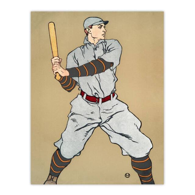 "Artery8 Vintage Baseball Player Drawing Vintage Wall Art Print Penfield in Beige - Size: W12"" x H16""" - image 1