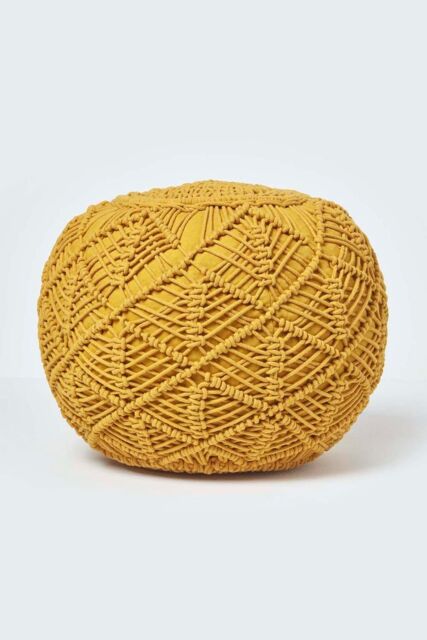 Homescapes Macrame Knitted Pouffe 35 x 40 cm in Mustard - image 1