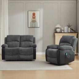 FURNITURE ONE Corduroy Fabric Electric Massage Sofa Suit with 8 Point Vibration Massage in Grey - thumbnail 2