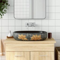Berkfield Home Countertop Basin Grey & Black Oval 59x40x14 cm Ceramic - Size: 59 x 40 x 14 cm