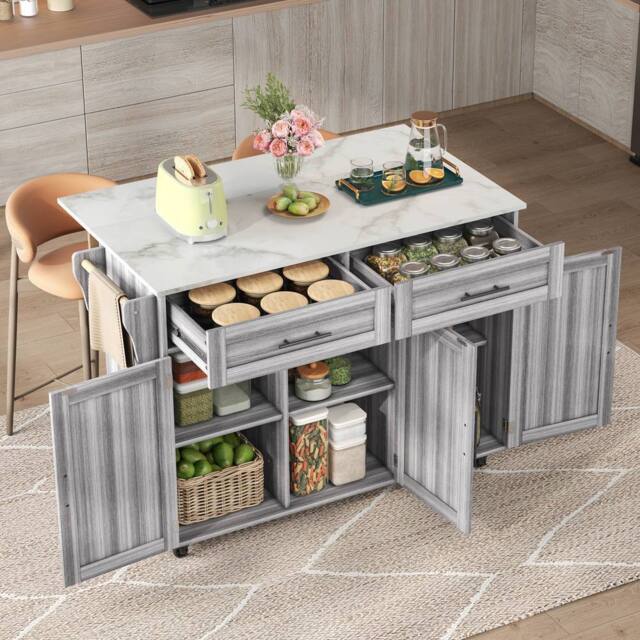 Merax Kitchen Island Trolley with Foldable Tabletop, Storage Cabinet Drawers in Grey - image 1
