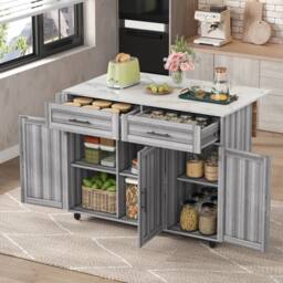 Merax Kitchen Island Trolley with Foldable Tabletop, Storage Cabinet Drawers in Grey - thumbnail 3