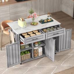 Merax Kitchen Island Trolley with Foldable Tabletop, Storage Cabinet Drawers in Grey - thumbnail 1