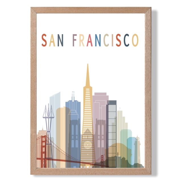 ARTZE San Francisco Colourful City Skyline Framed Print SIZE: A3 with Oak Frame in Pale Blue - Size: A4 - image 1