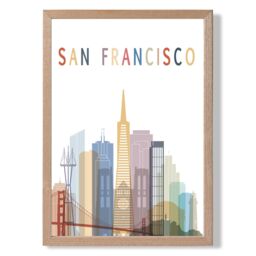 ARTZE San Francisco Colourful City Skyline Framed Print SIZE: A3 with Oak Frame in Pale Blue - Size: A4