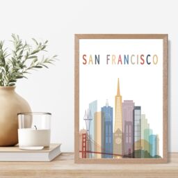 ARTZE San Francisco Colourful City Skyline Framed Print SIZE: A3 with Oak Frame in Pale Blue - Size: A4 - thumbnail 2