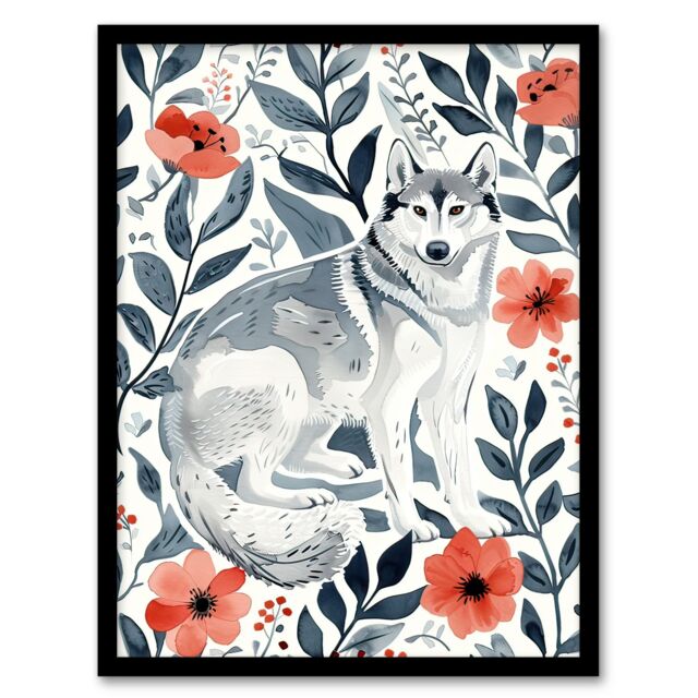 "Artery8 Siberian Husky in Poppy Flower Pattern Dog Lover Framed Wall Art in Blue - Size: W12"" x H16""" - image 1