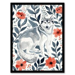 "Artery8 Siberian Husky in Poppy Flower Pattern Dog Lover Framed Wall Art in Blue - Size: W12"" x H16""" - thumbnail 1