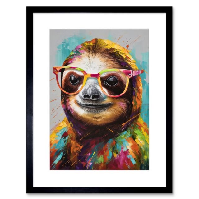 "Artery8 Wall Art Print Colourful Sloth with Glasses Modern Folk Artwork Framed 9X7 Inch in Black - Size: W7"" x H9""" - image 1