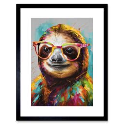 "Artery8 Wall Art Print Colourful Sloth with Glasses Modern Folk Artwork Framed 9X7 Inch in Black - Size: W7"" x H9""" - thumbnail 1