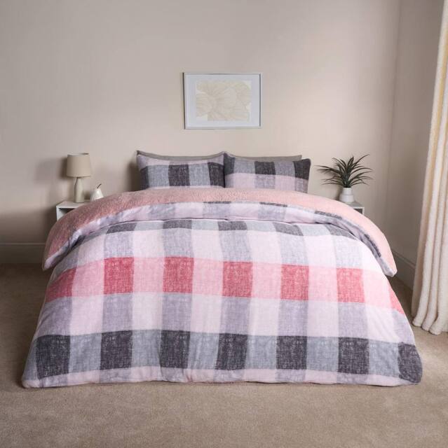 OHS Gingham Teddy Fleece Duvet Cover Pillowcase Check Bedding Set in Pink - Size: Double - image 1
